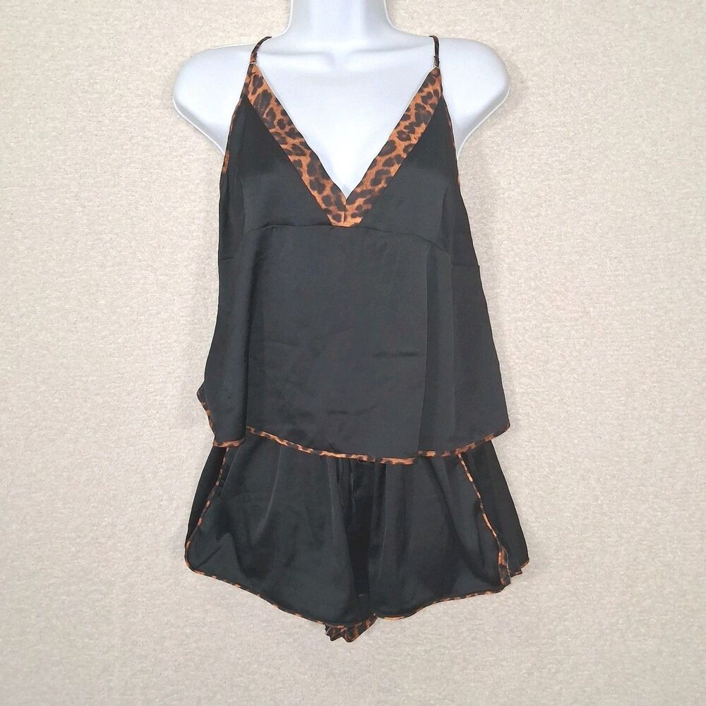 Leopard Trim Satin Pajama Shorts Set Sz  Animal Print Edgy Feminine Lounge Comfy
